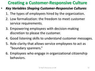 Creating a Customer-Responsive Culture
• Key Variables Shaping Customer-Responsive Cultures
1. The types of employees hired by the organization.
2. Low formalization: the freedom to meet customer
service requirements.
3. Empowering employees with decision-making
discretion to please the customer.
4. Good listening skills to understand customer messages.
5. Role clarity that allows service employees to act as
“boundary spanners.”
6. Employees who engage in organizational citizenship
behaviors.
54Dr Rijal's Discourses on OB
 