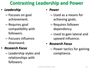 Contrasting Leadership and Power
• Leadership
– Focuses on goal
achievement.
– Requires goal
compatibility with
followers.
– Focuses influence
downward.
• Research Focus
– Leadership styles and
relationships with
followers.
• Power
– Used as a means for
achieving goals.
– Requires follower
dependency.
– Used to gain lateral and
upward influence.
• Research Focus
– Power tactics for gaining
compliance.
61Dr Rijal's Discourses on OB
 