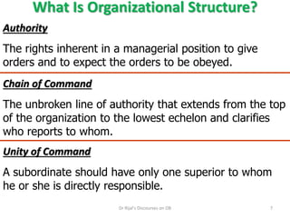 What Is Organizational Structure?
Chain of Command
The unbroken line of authority that extends from the top
of the organization to the lowest echelon and clarifies
who reports to whom.
Authority
The rights inherent in a managerial position to give
orders and to expect the orders to be obeyed.
Unity of Command
A subordinate should have only one superior to whom
he or she is directly responsible.
7Dr Rijal's Discourses on OB
 