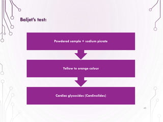 40
Baljet’s test:
Cardiac glycosides (Cardinolides)
Yellow to orange colour
Powdered sample + sodium picrate
 
