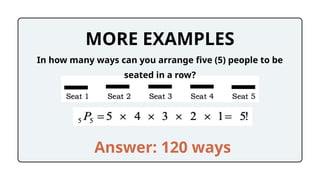 MORE EXAMPLES
In how many ways can you arrange five (5) people to be
seated in a row?
Answer: 120 ways
 