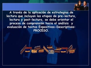 A través de la aplicación de estrategias de lectura que incluyan las etapas de pre-lectura, lectura y post-lectura, se debe orientar el proceso de comprensión hacia el análisis  y evaluación de textos Expositivos-Descriptivos: PROCESO.