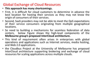 Global Exchange of Cloud Resources
• This approach has many shortcomings.
• First, it is difficult for cloud customers to determine in advance the
best location for hosting their services as they may not know the
origin of consumers of their services.
• Second, SaaS providers may not be able to meet the QoS expectations
of their service consumers originating from multiple geographical
locations.
• So need to building a mechanisms for seamless federation of data
centers, below Figure shows the high-level components of the
Melbourne group’s proposed InterCloud architecture.
• This kind of requirement often arises in enterprises with global
operations and applications such as Internet services, media hosting,
and Web 2.0 applications.
• the Cloudbus Project at the University of Melbourne has proposed
InterCloud architecture supporting brokering and exchange of cloud
resources for scaling applications across multiple clouds.
 