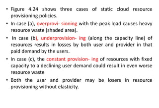 • Figure 4.24 shows three cases of static cloud resource
provisioning policies.
• In case (a), overprovi- sioning with the peak load causes heavy
resource waste (shaded area).
• In case (b), underprovision- ing (along the capacity line) of
resources results in losses by both user and provider in that
paid demand by the users.
• In case (c), the constant provision- ing of resources with fixed
capacity to a declining user demand could result in even worse
resource waste
• Both the user and provider may be losers in resource
provisioning without elasticity.
 