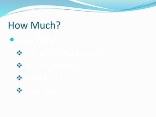 How Much?
How Often?
 A few times a year = 1
Once a month = 2
Weekly = 3
Daily = 4
 
