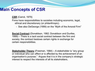 Main Concepts of CSR
CSR (Carrol, 1979)
Firms have responsibilities to societies including economic, legal,
ethical and discretionary (or philanthropic).
- See also DeGeorge (1999) on the “Myth of the Amoral Firm”
Social Contract (Donaldson, 1982; Donaldson and Dunfee,
1999) – There is a tacit social contract between the firm and
society; the contract bestows certain rights in exchange for
certain responsibilities.
Stakeholder Theory (Freeman, 1984) – A stakeholder is “any group
or individual who can affect or is affected by the achievement of an
organisation’s purpose.” Argues that it is in the company’s strategic
interest to respect the interests of all its stakeholders.
 