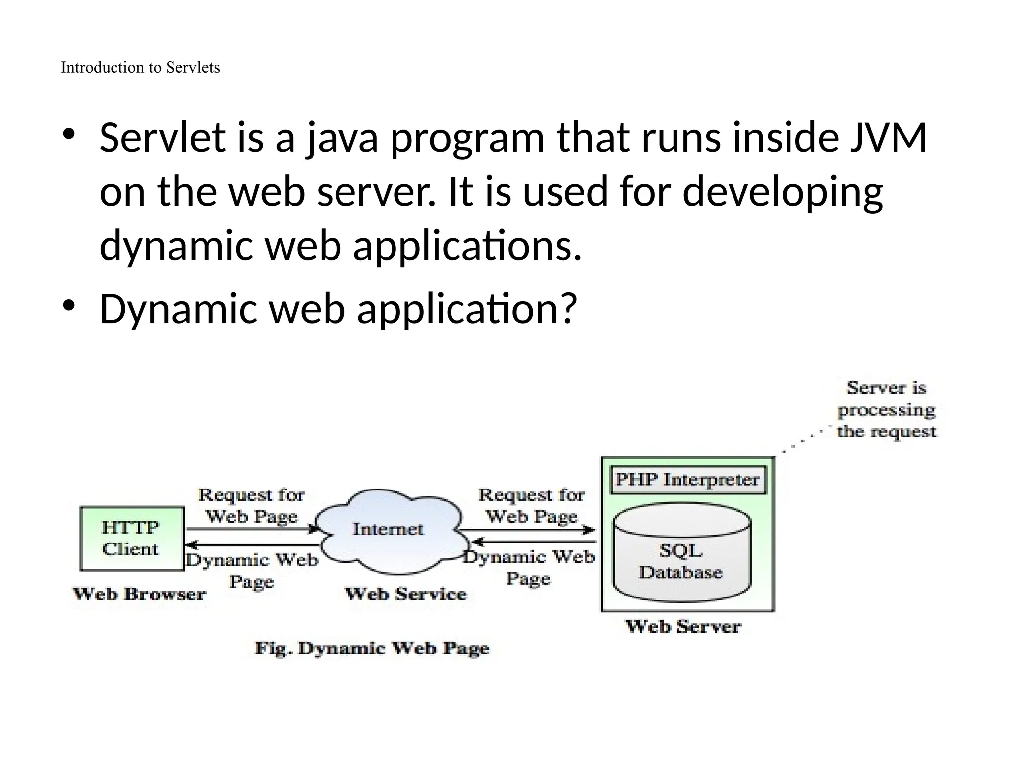 Introduction to Servlets
• Servlet is a java program that runs inside JVM
on the web server. It is used for developing
dynamic web applications.
• Dynamic web application?
 