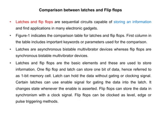 Comparison between latches and Flip flops
• Latches and flip flops are sequential circuits capable of storing an information
and find applications in many electronic gadgets.
• Figure-1 indicates the comparison table for latches and flip flops. First column in
the table includes important keywords or parameters used for the comparison.
• Latches are asynchronous bistable multivibrator devices whereas flip flops are
synchronous bistable multivibrator devices.
• Latches and flip flops are the basic elements and these are used to store
information. One flip flop and latch can store one bit of data, hence referred to
as 1-bit memory cell. Latch can hold the data without gating or clocking signal.
Certain latches can use enable signal for gating the data into the latch. It
changes state whenever the enable is asserted. Flip flops can store the data in
synchronism with a clock signal. Flip flops can be clocked as level, edge or
pulse triggering methods.
 