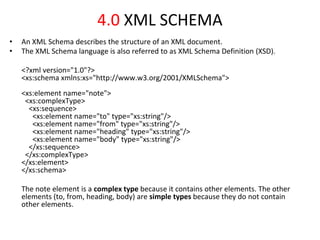 4.0 XML SCHEMA
• An XML Schema describes the structure of an XML document.
• The XML Schema language is also referred to as XML Schema Definition (XSD).
<?xml version="1.0"?>
<xs:schema xmlns:xs="http://www.w3.org/2001/XMLSchema">
<xs:element name="note">
<xs:complexType>
<xs:sequence>
<xs:element name="to" type="xs:string"/>
<xs:element name="from" type="xs:string"/>
<xs:element name="heading" type="xs:string"/>
<xs:element name="body" type="xs:string"/>
</xs:sequence>
</xs:complexType>
</xs:element>
</xs:schema>
The note element is a complex type because it contains other elements. The other
elements (to, from, heading, body) are simple types because they do not contain
other elements.
 