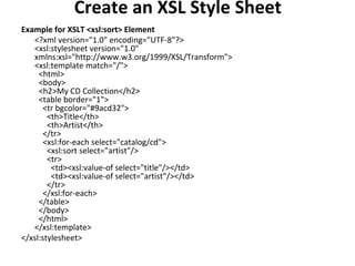 Create an XSL Style Sheet
Example for XSLT <xsl:sort> Element
<?xml version="1.0" encoding="UTF-8"?>
<xsl:stylesheet version="1.0"
xmlns:xsl="http://www.w3.org/1999/XSL/Transform">
<xsl:template match="/">
<html>
<body>
<h2>My CD Collection</h2>
<table border="1">
<tr bgcolor="#9acd32">
<th>Title</th>
<th>Artist</th>
</tr>
<xsl:for-each select="catalog/cd">
<xsl:sort select="artist"/>
<tr>
<td><xsl:value-of select="title"/></td>
<td><xsl:value-of select="artist"/></td>
</tr>
</xsl:for-each>
</table>
</body>
</html>
</xsl:template>
</xsl:stylesheet>
 