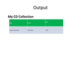 Output
My CD Collection
Title Artist
Price
Empire Burlesque Bob Dylan 10.90
 