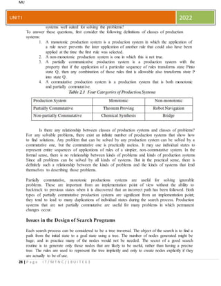 MU
28 | P a g e I T / M T N C / 1 8 U I T E 6 3
UNITI 2022
systems well suited for solving the problems?
To answer these questions, first consider the following definitions of classes of production
systems:
1. A monotonic production system is a production system in which the application of
a rule never prevents the later application of another rule that could also have been
applied at the time the first rule was selected.
2. A non-monotonic production system is one in which this is not true.
3. A partially communicative production system is a production system with the
property that if the application of a particular sequence of rules transforms state Pinto
state Q, then any combination of those rules that is allowable also transforms state P
into state Q.
4. A commutative production system is a production system that is both monotonic
and partially commutative.
Is there any relationship between classes of production systems and classes of problems?
For any solvable problems, there exist an infinite number of production systems that show how
to find solutions. Any problem that can be solved by any production system can be solved by a
commutative one, but the commutative one is practically useless. It may use individual states to
represent entire sequences of applications of rules of a simpler, non-commutative system. In the
formal sense, there is no relationship between kinds of problems and kinds of production systems
Since all problems can be solved by all kinds of systems. But in the practical sense, there is
definitely such a relationship between the kinds of problems and the kinds of systems that lend
themselves to describing those problems.
Partially commutative, monotonic productions systems are useful for solving ignorable
problems. These are important from an implementation point of view without the ability to
backtrack to previous states when it is discovered that an incorrect path has been followed. Both
types of partially commutative production systems are significant from an implementation point;
they tend to lead to many duplications of individual states during the search process. Production
systems that are not partially commutative are useful for many problems in which permanent
changes occur.
Issues in the Design of Search Programs
Each search process can be considered to be a tree traversal. The object of the search is to find a
path from the initial state to a goal state using a tree. The number of nodes generated might be
huge; and in practice many of the nodes would not be needed. The secret of a good search
routine is to generate only those nodes that are likely to be useful, rather than having a precise
tree. The rules are used to represent the tree implicitly and only to create nodes explicitly if they
are actually to be of use.
 