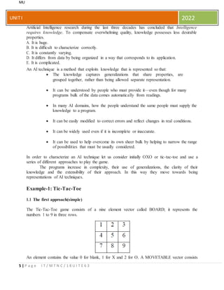 MU
5 | P a g e I T / M T N C / 1 8 U I T E 6 3
UNITI 2022
Artificial Intelligence research during the last three decades has concluded that Intelligence
requires knowledge. To compensate overwhelming quality, knowledge possesses less desirable
properties.
A. It is huge.
B. It is difficult to characterize correctly.
C. It is constantly varying.
D. It differs from data by being organized in a way that corresponds to its application.
E. It is complicated.
An AI technique is a method that exploits knowledge that is represented so that:
 The knowledge captures generalizations that share properties, are
grouped together, rather than being allowed separate representation.
 It can be understood by people who must provide it—even though for many
programs bulk of the data comes automatically from readings.
 In many AI domains, how the people understand the same people must supply the
knowledge to a program.
 It can be easily modified to correct errors and reflect changes in real conditions.
 It can be widely used even if it is incomplete or inaccurate.
 It can be used to help overcome its own sheer bulk by helping to narrow the range
of possibilities that must be usually considered.
In order to characterize an AI technique let us consider initially OXO or tic-tac-toe and use a
series of different approaches to play the game.
The programs increase in complexity, their use of generalizations, the clarity of their
knowledge and the extensibility of their approach. In this way they move towards being
representations of AI techniques.
Example-1: Tic-Tac-Toe
1.1 The first approach(simple)
The Tic-Tac-Toe game consists of a nine element vector called BOARD; it represents the
numbers 1 to 9 in three rows.
An element contains the value 0 for blank, 1 for X and 2 for O. A MOVETABLE vector consists
 