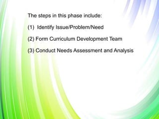 The steps in this phase include:
(1) Identify Issue/Problem/Need
(2) Form Curriculum Development Team
(3) Conduct Needs Assessment and Analysis
 