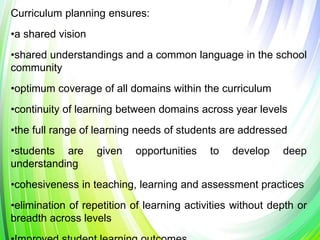 Curriculum planning ensures:
•a shared vision
•shared understandings and a common language in the school
community
•optimum coverage of all domains within the curriculum
•continuity of learning between domains across year levels
•the full range of learning needs of students are addressed
•students are given opportunities to develop deep
understanding
•cohesiveness in teaching, learning and assessment practices
•elimination of repetition of learning activities without depth or
breadth across levels
 