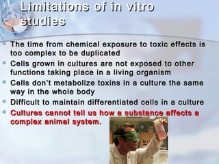 Limitations ooff iinn vviittrroo 
ssttuuddiieess 
 TThhee ttiimmee ffrroomm cchheemmiiccaall eexxppoossuurree ttoo ttooxxiicc eeffffeeccttss iiss 
ttoooo ccoommpplleexx ttoo bbee dduupplliiccaatteedd 
 CCeellllss ggrroowwnn iinn ccuullttuurreess aarree nnoott eexxppoosseedd ttoo ootthheerr 
ffuunnccttiioonnss ttaakkiinngg ppllaaccee iinn aa lliivviinngg oorrggaanniissmm 
 CCeellllss ddoonn’’tt mmeettaabboolliizzee ttooxxiinnss iinn aa ccuullttuurree tthhee ssaammee 
wwaayy iinn tthhee wwhhoollee bbooddyy 
 DDiiffffiiccuulltt ttoo mmaaiinnttaaiinn ddiiffffeerreennttiiaatteedd cceellllss iinn aa ccuullttuurree 
 CCuullttuurreess ccaannnnoott tteellll uuss hhooww aa ssuubbssttaannccee aaffffeeccttss aa 
ccoommpplleexx aanniimmaall ssyysstteemm.. 
 
