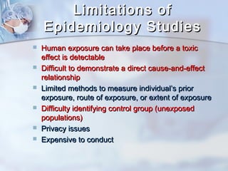 LLiimmiittaattiioonnss ooff 
EEppiiddeemmiioollooggyy SSttuuddiieess 
 HHuummaann eexxppoossuurree ccaann ttaakkee ppllaaccee bbeeffoorree aa ttooxxiicc 
eeffffeecctt iiss ddeetteeccttaabbllee 
 DDiiffffiiccuulltt ttoo ddeemmoonnssttrraattee aa ddiirreecctt ccaauussee--aanndd--eeffffeecctt 
rreellaattiioonnsshhiipp 
 LLiimmiitteedd mmeetthhooddss ttoo mmeeaassuurree iinnddiivviidduuaall’’ss pprriioorr 
eexxppoossuurree,, rroouuttee ooff eexxppoossuurree,, oorr eexxtteenntt ooff eexxppoossuurree 
 DDiiffffiiccuullttyy iiddeennttiiffyyiinngg ccoonnttrrooll ggrroouupp ((uunneexxppoosseedd 
ppooppuullaattiioonnss)) 
 PPrriivvaaccyy iissssuueess 
 EExxppeennssiivvee ttoo ccoonndduucctt 
 