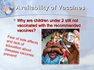 AAvvaaiillaabbiilliittyy ooff VVaacccciinneess 
 WWhhyy aarree cchhiillddrreenn uunnddeerr 22 ssttiillll nnoott 
vvaacccciinnaatteedd wwiitthh tthhee rreeccoommmmeennddeedd 
vvaacccciinneess?? 
Fear of side effects 
and lack of 
education about 
diseases vaccines 
prevent! 
 
