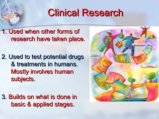 CClliinniiccaall RReesseeaarrcchh 
11.. UUsseedd wwhheenn ootthheerr ffoorrmmss ooff 
rreesseeaarrcchh hhaavvee ttaakkeenn ppllaaccee.. 
22.. UUsseedd ttoo tteesstt ppootteennttiiaall ddrruuggss 
&& ttrreeaattmmeennttss iinn hhuummaannss.. 
MMoossttllyy iinnvvoollvveess hhuummaann 
ssuubbjjeeccttss.. 
33.. BBuuiillddss oonn wwhhaatt iiss ddoonnee iinn 
bbaassiicc && aapppplliieedd ssttaaggeess.. 
 