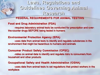 Laws, RReegguullaattiioonnss aanndd 
GGuuiiddeelliinneess GGoovveerrnniinngg AAnniimmaall 
RReesseeaarrcchh 
FFEEDDEERRAALL RREEQQUUIIRREEMMEENNTTSS FFOORR AANNIIMMAALL TTEESSTTIINNGG 
FFoooodd aanndd DDrruugg AAddmmiinniissttrraattiioonn ((FFDDAA)) 
--rreeqquuiirreess llaabboorraattoorryy aanniimmaall tteessttss bbee ccoonndduucctteedd ffoorr pprreessccrriippttiioonn aanndd oovveerr-- 
tthhee--ccoouunntteerr ddrruuggss BBEEFFOORREE bbeeiinngg tteesstteedd iinn hhuummaannss 
EEnnvviirroonnmmeennttaall PPrrootteeccttiioonn AAggeennccyy ((EEPPAA)) 
--uusseess ddaattaa ffrroomm aanniimmaall tteessttss ttoo iiddeennttiiffyy aanndd rreegguullaattee ssuubbssttaanncceess iinn tthhee 
eennvviirroonnmmeenntt tthhaatt mmiigghhtt bbee hhaazzaarrddoouuss ttoo hhuummaannss aanndd aanniimmaallss 
CCoonnssuummeerr PPrroodduucctt SSaaffeettyy CCoommmmiissssiioonn ((CCPPSSCC)) 
--rreelliieess oonn aanniimmaall ddaattaa ttoo iiddeennttiiffyy aanndd rreegguullaattee rriisskkss ttoo ccoonnssuummeerrss ffrroomm 
hhoouusseehhoolldd aanndd ootthheerr pprroodduuccttss 
OOccccuuppaattiioonnaall SSaaffeettyy aanndd HHeeaalltthh AAddmmiinniissttrraattiioonn ((OOSSHHAA)) 
--uusseess ddaattaa ffrroomm aanniimmaall tteessttss ttoo sseett rreegguullaattiioonnss tthhaatt pprrootteecctt wwoorrkkeerrss iinn tthhee 
wwoorrkkppllaaccee 
 
