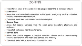 ZONING
 The different areas of a hospital shall be grouped according to zones as follows:
 Outer Zone
 Areas that are immediately accessible to the public: emergency service, outpatient
service, and administrative service.
 They shall be located near the entrance of the hospital.
 Second Zone
 Areas that receive workload from the outer zone: laboratory, pharmacy, and
radiology.
 They shall be located near the outer zone.
 Service Zone
 Areas that provide support to hospital activities: dietary service, housekeeping
service, maintenance and motor pool service, and mortuary.
 They shall be located in areas away from normal traffic.
 