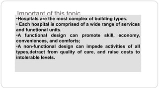 Important of this topic
•Hospitals are the most complex of building types.
• Each hospital is comprised of a wide range of services
and functional units.
•A functional design can promote skill, economy,
conveniences, and comforts;
•A non-functional design can impede activities of all
types,detract from quality of care, and raise costs to
intolerable levels.
 