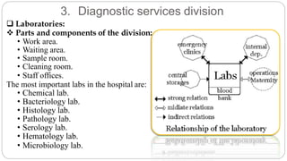 3. Diagnostic services division
 Laboratories:
 Parts and components of the division:
• Work area.
• Waiting area.
• Sample room.
• Cleaning room.
• Staff offices.
The most important labs in the hospital are:
• Chemical lab.
• Bacteriology lab.
• Histology lab.
• Pathology lab.
• Serology lab.
• Hematology lab.
• Microbiology lab.
 