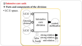  Intensive care unit:
 Parts and components of the division:
• I.C.U space.
 