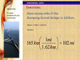 CONVERSION UNITS
OBJECTIVE:

To solve
problem of unit
conversion

Given: 1 mile = 1.62 km
Answer:

1mi
165 km
1.62 km

102 mi

 