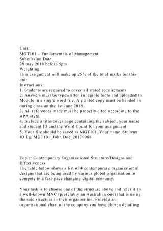 Unit:
MGT101 – Fundamentals of Management
Submission Date:
28 may 2018 before 5pm
Weighting:
This assignment will make up 25% of the total marks for this
unit
Instructions:
1. Students are required to cover all stated requirements
2. Answers must be typewritten in legible fonts and uploaded to
Moodle in a single word file. A printed copy must be handed in
during class on the 1st June 2018.
3. All references made must be properly cited according to the
APA style.
4. Include a title/cover page containing the subject, your name
and student ID and the Word Count for your assignment
5. Your file should be saved as MGT101_Your name_Student
ID Eg. MGT101_John Doe_20170088
Topic: Contemporary Organisational Structure/Designs and
Effectiveness
The table below shows a list of 4 contemporary organisational
designs that are being used by various global organisation to
compete in a fast-pace changing digital economy.
Your task is to choose one of the structure above and refer it to
a well-known MNC (preferably an Australian one) that is using
the said structure in their organisation. Provide an
organisational chart of the company you have chosen detailing
 