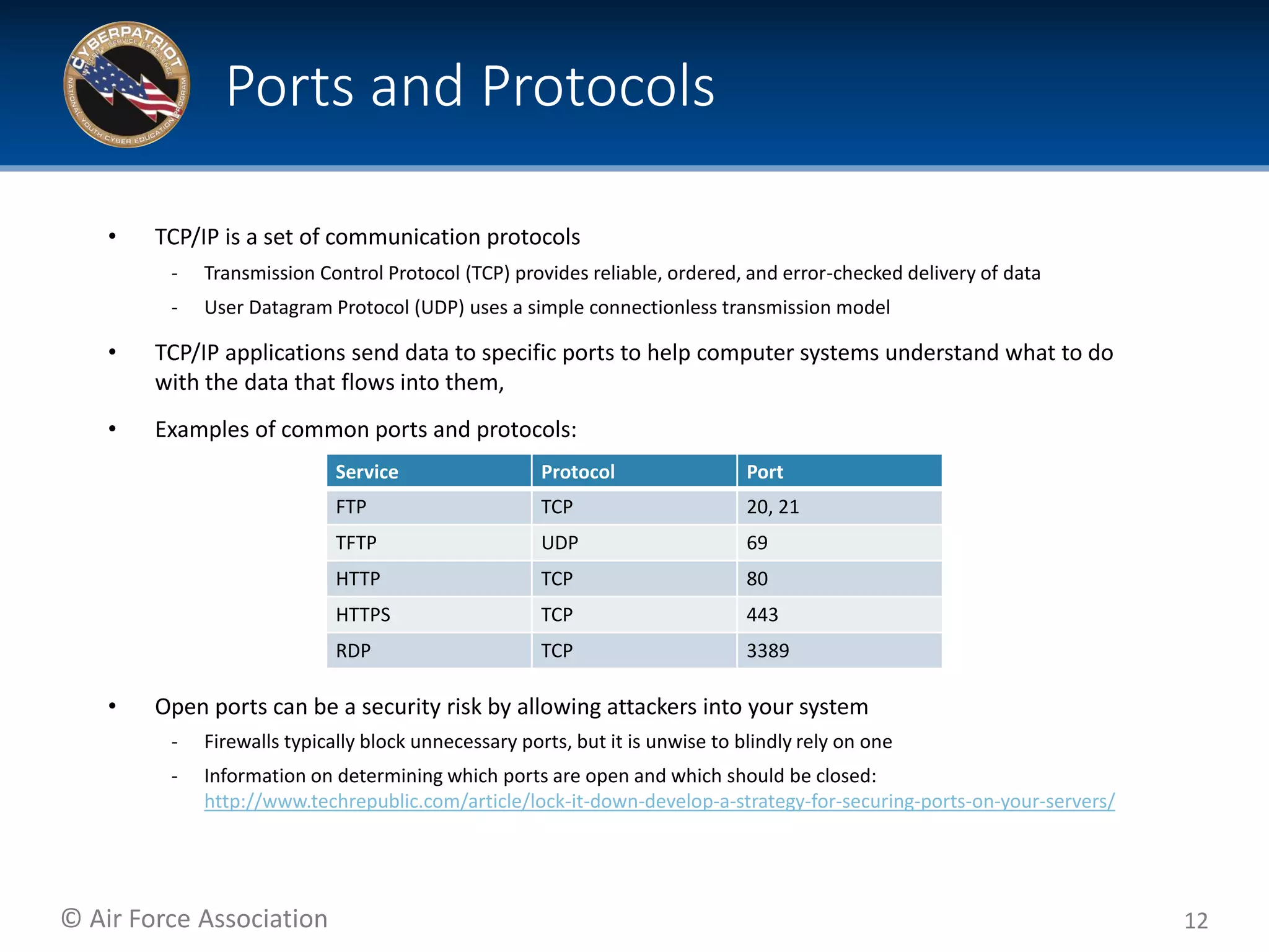 © Air Force Association
• TCP/IP is a set of communication protocols
‐ Transmission Control Protocol (TCP) provides reliable, ordered, and error-checked delivery of data
‐ User Datagram Protocol (UDP) uses a simple connectionless transmission model
• TCP/IP applications send data to specific ports to help computer systems understand what to do
with the data that flows into them,
• Examples of common ports and protocols:
• Open ports can be a security risk by allowing attackers into your system
‐ Firewalls typically block unnecessary ports, but it is unwise to blindly rely on one
‐ Information on determining which ports are open and which should be closed:
http://www.techrepublic.com/article/lock-it-down-develop-a-strategy-for-securing-ports-on-your-servers/
12
Ports and Protocols
Service Protocol Port
FTP TCP 20, 21
TFTP UDP 69
HTTP TCP 80
HTTPS TCP 443
RDP TCP 3389
 