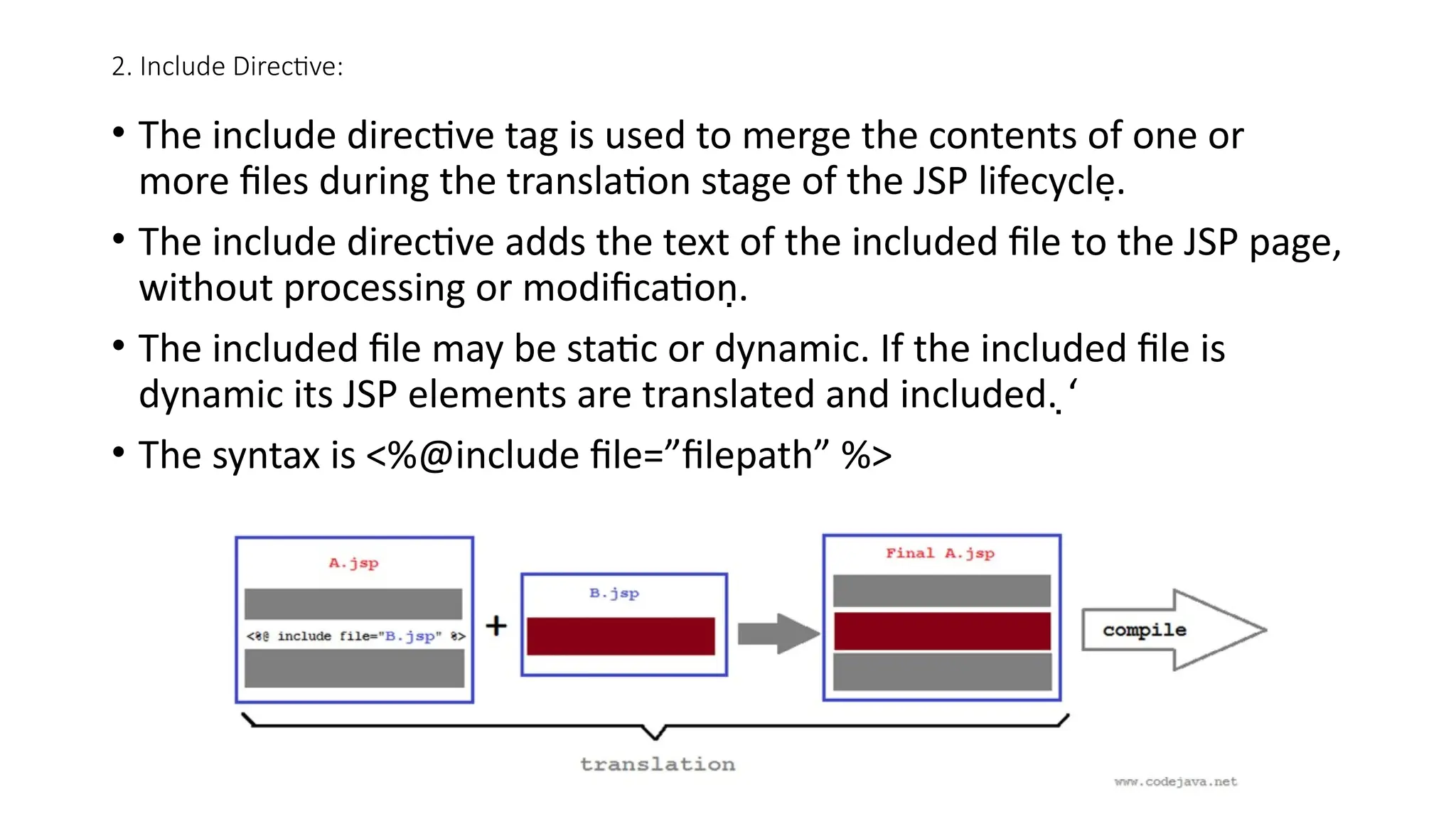 2. Include Directive:
• The include directive tag is used to merge the contents of one or
more files during the translation stage of the JSP lifecycle.
• The include directive adds the text of the included file to the JSP page,
without processing or modification.
• The included file may be static or dynamic. If the included file is
dynamic its JSP elements are translated and included. ‘
• The syntax is <%@include file=”filepath” %>
 