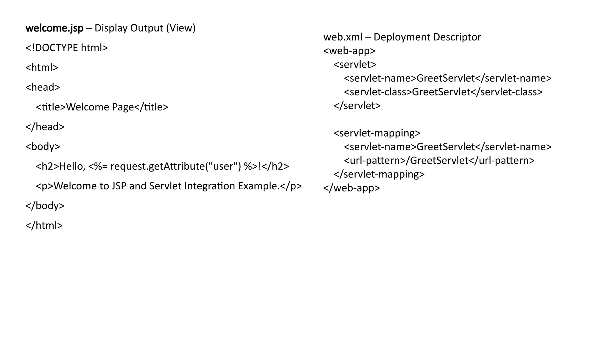 welcome.jsp – Display Output (View)
<!DOCTYPE html>
<html>
<head>
<title>Welcome Page</title>
</head>
<body>
<h2>Hello, <%= request.getAttribute("user") %>!</h2>
<p>Welcome to JSP and Servlet Integration Example.</p>
</body>
</html>
web.xml – Deployment Descriptor
<web-app>
<servlet>
<servlet-name>GreetServlet</servlet-name>
<servlet-class>GreetServlet</servlet-class>
</servlet>
<servlet-mapping>
<servlet-name>GreetServlet</servlet-name>
<url-pattern>/GreetServlet</url-pattern>
</servlet-mapping>
</web-app>
 