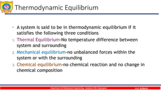 Thermodynamic Equilibrium
 A system is said to be in thermodynamic equilibrium if it
satisfies the following three conditions
1. Thermal Equilibrium-No temperature difference between
system and surrounding
2. Mechanical equilibrium-no unbalanced forces within the
system or with the surrounding
3. Chemical equilibrium-no chemical reaction and no change in
chemical composition
Department Of Mechanical Engineering, Sanjivani COE, Kopargaon A.A. Kulkarni
 