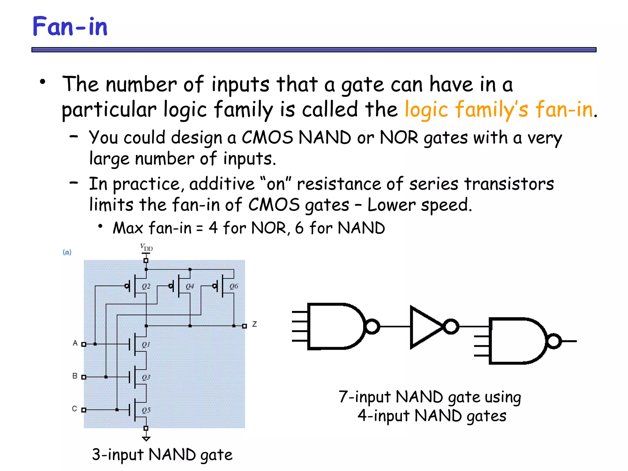 Fan-in
• The number of inputs that a gate can have in a
particular logic family is called the logic family’s fan-in.
– You could design a CMOS NAND or NOR gates with a very
large number of inputs.
– In practice, additive “on” resistance of series transistors
limits the fan-in of CMOS gates – Lower speed.
• Max fan-in = 4 for NOR, 6 for NAND
3-input NAND gate
7-input NAND gate using
4-input NAND gates
 