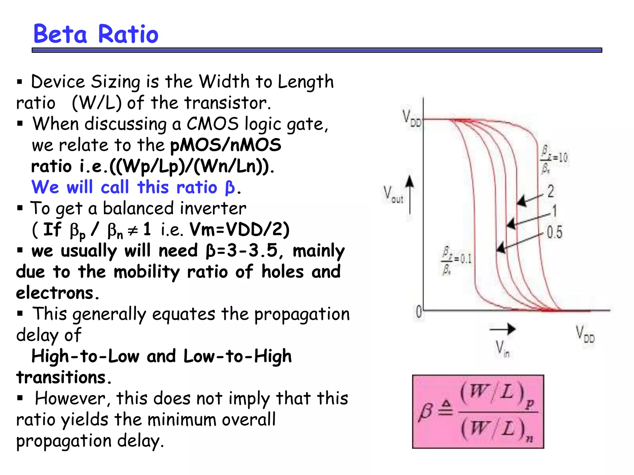Beta Ratio
 Device Sizing is the Width to Length
ratio (W/L) of the transistor.
 When discussing a CMOS logic gate,
we relate to the pMOS/nMOS
ratio i.e.((Wp/Lp)/(Wn/Ln)).
We will call this ratio β.
 To get a balanced inverter
( If p / n  1 i.e. Vm=VDD/2)
 we usually will need β=3-3.5, mainly
due to the mobility ratio of holes and
electrons.
 This generally equates the propagation
delay of
High-to-Low and Low-to-High
transitions.
 However, this does not imply that this
ratio yields the minimum overall
propagation delay.
 