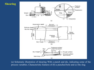 Shearing
(a) Schematic illustration of shearing With a punch and die, indicating some of the
process variables. Characteristic features of (b) a punched hole and (c) the slug
 