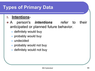 Types of Primary Data
5. Intentions-
 A person's intentions refer to their
anticipated or planned future behavior.
 definitely would buy
 probably would buy
 undecided
 probably would not buy
 definitely would not buy
11IBS Hyderabad
 