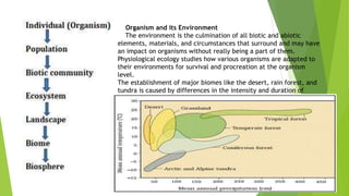 Organism and its Environment
The environment is the culmination of all biotic and abiotic
elements, materials, and circumstances that surround and may have
an impact on organisms without really being a part of them.
Physiological ecology studies how various organisms are adapted to
their environments for survival and procreation at the organism
level.
The establishment of major biomes like the desert, rain forest, and
tundra is caused by differences in the intensity and duration of
temperature as well as annual variations in precipitation.
 