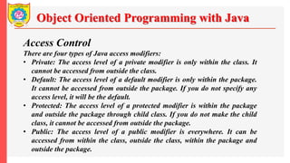 Object Oriented Programming with Java
Access Control
There are four types of Java access modifiers:
• Private: The access level of a private modifier is only within the class. It
cannot be accessed from outside the class.
• Default: The access level of a default modifier is only within the package.
It cannot be accessed from outside the package. If you do not specify any
access level, it will be the default.
• Protected: The access level of a protected modifier is within the package
and outside the package through child class. If you do not make the child
class, it cannot be accessed from outside the package.
• Public: The access level of a public modifier is everywhere. It can be
accessed from within the class, outside the class, within the package and
outside the package.
 