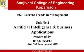 Dept. of MBA, Sanjivani COE, Kopargaon
402 :Current Trends in Management
Unit No 2
Artificial Intelligence & business
Applications
Presented By:
Dr. S.P. Ghodake
(Asst. Prof. Department of MBA)
1
Sanjivani College of Engineering,
Kopargaon
www.sanjivanimba.org.in
 