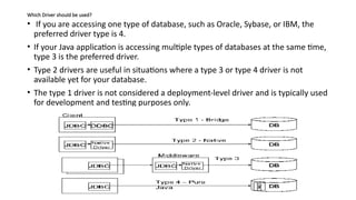 Which Driver should be used?
• If you are accessing one type of database, such as Oracle, Sybase, or IBM, the
preferred driver type is 4.
• If your Java application is accessing multiple types of databases at the same time,
type 3 is the preferred driver.
• Type 2 drivers are useful in situations where a type 3 or type 4 driver is not
available yet for your database.
• The type 1 driver is not considered a deployment-level driver and is typically used
for development and testing purposes only.
 