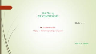 Unit No:- 03
AIR COMPRESSORS
 COURSE OUTCOME:-
CO562.3 : Maintain reciprocating air compressors
Prof. D. C. Jadhav
Marks : 14
 