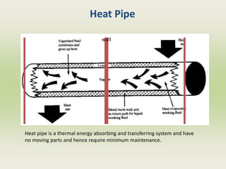 Heat Pipe
Heat pipe is a thermal energy absorbing and transferring system and have
no moving parts and hence require minimum maintenance.
wall
 