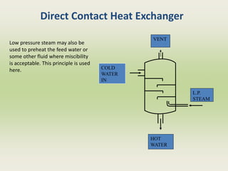 Direct Contact Heat Exchanger
COLD
WATER
IN
VENT
L.P.
STEAM
HOT
WATER
Low pressure steam may also be
used to preheat the feed water or
some other fluid where miscibility
is acceptable. This principle is used
here.
 