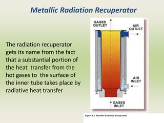 Metallic Radiation Recuperator
The radiation recuperator
gets its name from the fact
that a substantial portion of
the heat transfer from the
hot gases to the surface of
the inner tube takes place by
radiative heat transfer
Figure 8.2 Metallic Radiation Recuperator
 