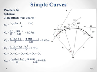 Problem 04:
Solution:
2) By Offsets from Chords
n
O = n
b ( bn −1………...+bn)
2
𝑅
1
O = n
2
=
b 1
7
.
1
82
2
𝑅 2𝑥6
0
0
= 0.25 m
2
O = 2 1 2
b (b + b )
2
𝑅
=
2
0 1
7
.
1
8
+
2
0
2𝑥6
0
0
= 0.62 m
3
O = 3 2 3
b (b + b ) b2
2
2
𝑅 𝑅
= = 0.67 m
O3 = O4 = O5 = O6 = O7 = O8 = O9
O10
= b10 (b9 + b10) = 1
5
.
5
0 2
0+
1
5
.
5
0
= 0.46 m
2
𝑅 2𝑥6
0
0
Simple Curves
60
 