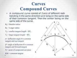 Curves
Compound Curves
• A compound curve consist of 2 arcs of different radii
bending in the same direction and lying on the same side
of their common tangent. Then the center being on the
same side of the curve.
RS = Smaller radius
RL = Larger radius
TS = smaller tangent length = BT1
TL = larger tangent length = BT2
𝛼= deflection angle b/w common
tangent and rear tangent
𝛽= angle of deflection b/w common
tangent and forward tangent
N = point of compound curvature
KM = common tangent
68
 
