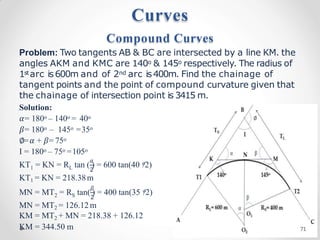 Curves
1 L
𝛼
2
o
KT = KN = R tan ( ) = 600 tan(40 /2)
KT1 = KN = 218.38m
2 S
𝛽
2
o
MN = MT = R tan( ) = 400 tan(35 /2)
MN = MT2 = 126.12 m
KM = MT2 + MN = 218.38 + 126.12
KM = 344.50 m
Compound Curves
Problem: Two tangents AB & BC are intersected by a line KM. the
angles AKM and KMC are 140o & 145o respectively. The radius of
1st arc is600m and of 2nd arc is400m. Find the chainage of
tangent points and the point of compound curvature given that
the chainage of intersection point is 3415 m.
Solution:
𝛼= 180o – 140o = 40o
𝛽= 180o – 145o =35o
∅=𝛼 + 𝛽= 75o
I = 180o – 75o =105o
71
 