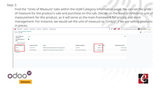Enterprise
Step: 3
Find the "Units of Measure" tabs within the UoM Category information page. We can set the units
of measure for the product's sale and purchase on this tab. Decide on the base or reference unit of
measurement for this product, as it will serve as the main framework for pricing and stock
management. For instance, we would set the unit of measure to "Unit(s)" if we are selling products
in pieces.
 